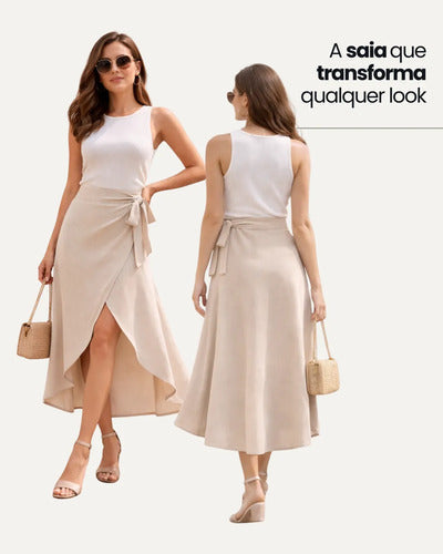 Saia Envelope Midi Linho Transpassada Feminina