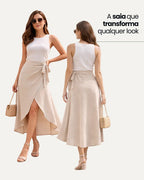 Saia Envelope Midi Linho Transpassada Feminina