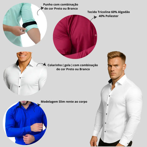 Kit 2 Camisa Social Masculina Slim Fit Manga Longa Oferta