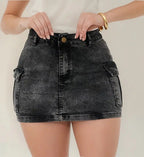 Saia Cargo Jeans Feminina Marmorizada Lycra Empina Bumbum
