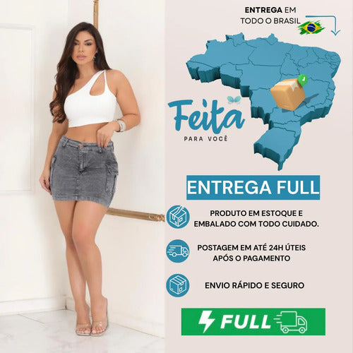 Saia Cargo Feminina Cintura Alta Com Lycra Moda  Estilosa