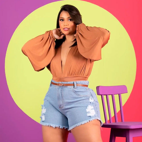 Short Jeans Plus Size Feminino Com Cinto Barra Desfiada