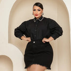 Saia Jeans Preta Plus Size Cintura Alta Barra Desfiada