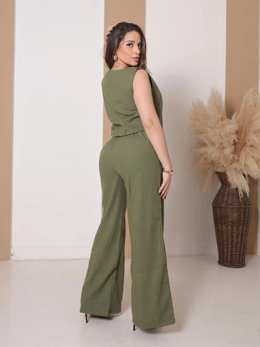 Conjunto Alfaiataria Calça Pantalona E Cropped Linho