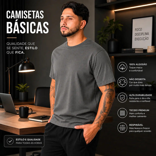 Kit 3 Camiseta Básica 100% Algodão Premium Lisa Casual Macio