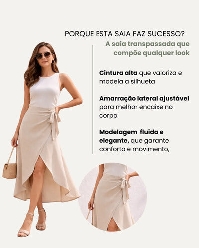 Saia Envelope Midi Linho Transpassada Feminina