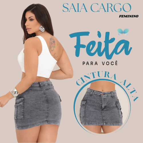 Saia Cargo Feminina Cintura Alta Com Lycra Moda  Estilosa