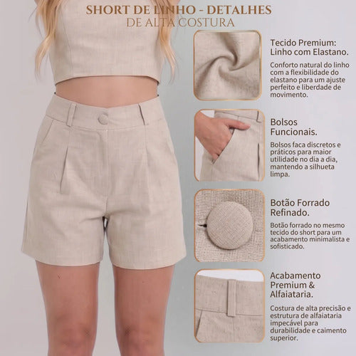 Short Feminino Alfaiataria Bolsos Cintura Alta Tendência