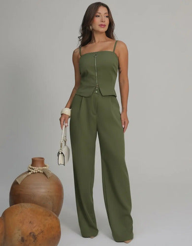 Conjunto Blusa Alça Zíper Pantalona Reta Elegante Festa Luxo