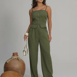 Conjunto Blusa Alça Zíper Pantalona Reta Elegante Festa Luxo