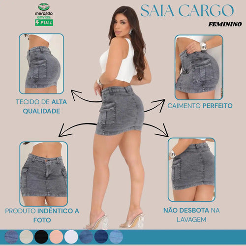 Saia Cargo Feminina Cintura Alta Com Lycra Moda  Estilosa