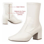 Bota Branca Feminina Stretch Bico Quadrado Salto Grosso