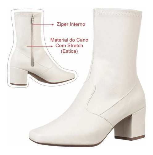 Bota Branca Feminina Stretch Bico Quadrado Salto Grosso