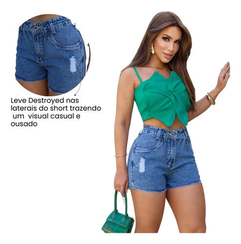 Short Jeans Feminino Premium Destroyde Cintura Alta Básico