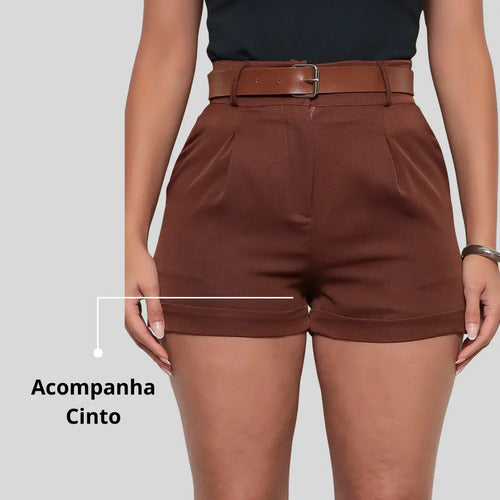 Short Alfaiataria Casual Curto Com Cinto E Bolsos Tendência