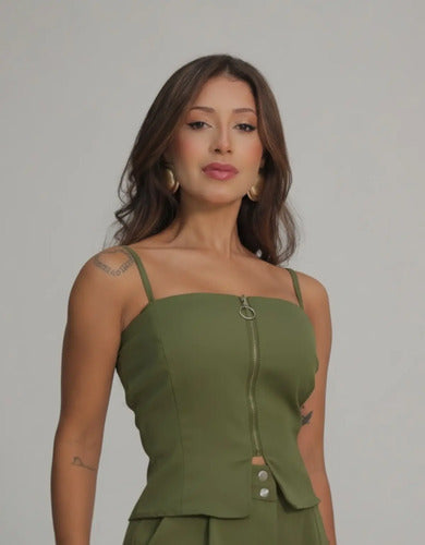 Conjunto Blusa Alça Zíper Pantalona Reta Elegante Festa Luxo