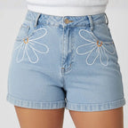 Short Jeans Plus Size Bordado Barra Feita Cintura Alta Liso