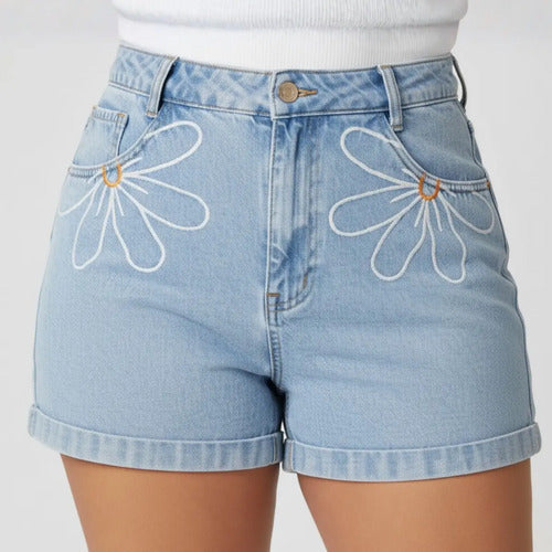 Short Jeans Plus Size Bordado Barra Feita Cintura Alta Liso