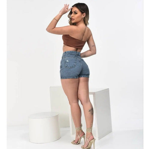 Short Jeans Mom Feminino Boyfriend Bordado Cintura Alta 100%