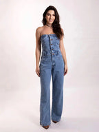 Macacão Jeans Feminino Tomara Que Caia Cintura Alta