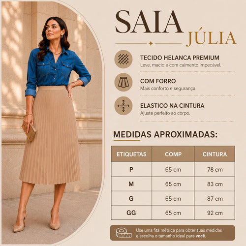 Saia Midi Plissada Bege Cintura Alta Moda Evangélica Elegant