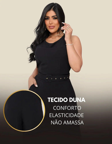 Macacão Regata Pantalona Com Cinto Forrado Decote V Duna