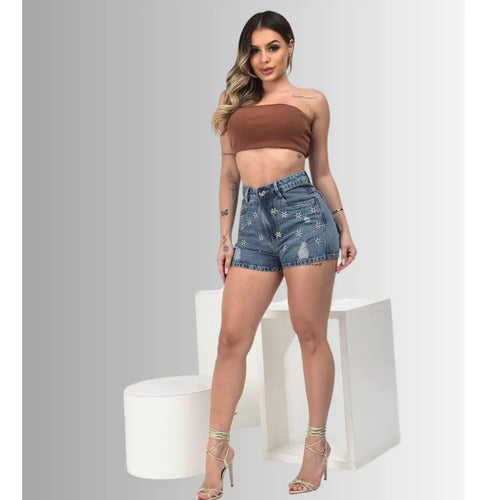 Short Jeans Mom Feminino Boyfriend Bordado Cintura Alta 100%