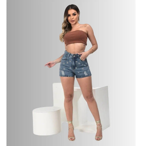 Short Jeans Mom Feminino Boyfriend Bordado Cintura Alta 100%