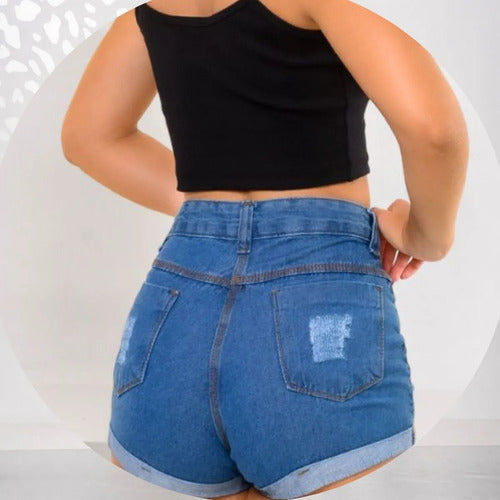 Short Jeans Feminino Barra Virada Cintura Alta Jeans Grosso