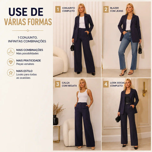 Conjunto Feminino Calça Pantalona E Blazer Alfaiataria