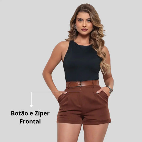 Short Alfaiataria Casual Curto Com Cinto E Bolsos Tendência
