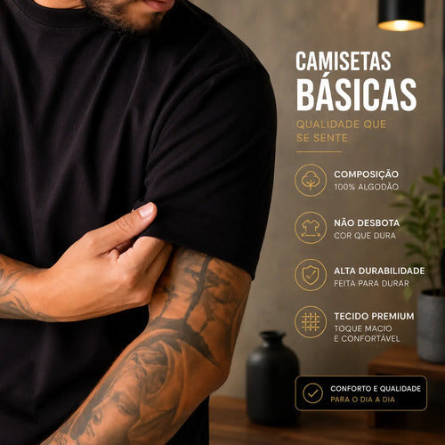 Kit 3 Camiseta Básica 100% Algodão Premium Lisa Casual Macio