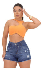 Short Jeans Feminino Strass Brilho Aplicaçao Cintura Alta