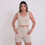 Short Feminino Alfaiataria Bolsos Cintura Alta Tendência