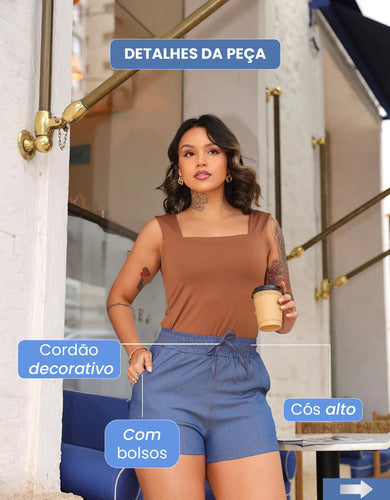 Shorts Jeans Feminino Fake Leve Com Elástico Cintura Alta