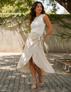Saia Envelope Midi Linho Transpassada Feminina