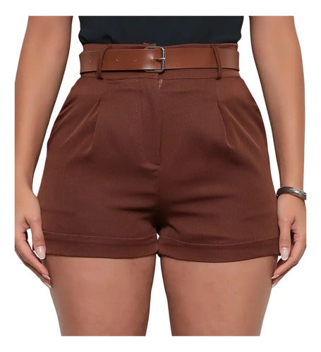 Short Alfaiataria Casual Curto Com Cinto E Bolsos Tendência