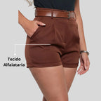 Short Alfaiataria Casual Curto Com Cinto E Bolsos Tendência
