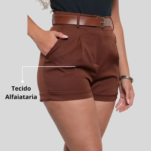 Short Alfaiataria Casual Curto Com Cinto E Bolsos Tendência