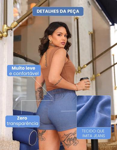Shorts Jeans Feminino Fake Leve Com Elástico Cintura Alta