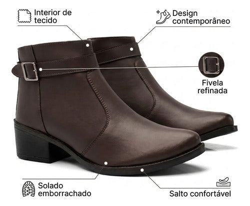 Bota Feminina Cano Curto Salto Baixo Fivela Casual Moderna