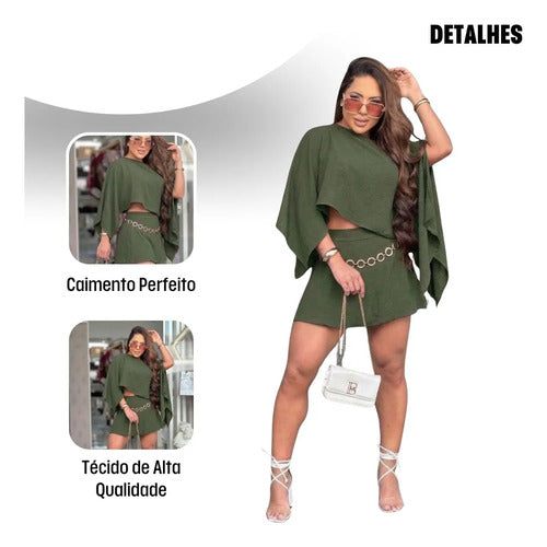 Conjunto Feminino Short Saia Blusa Frente Única Verão