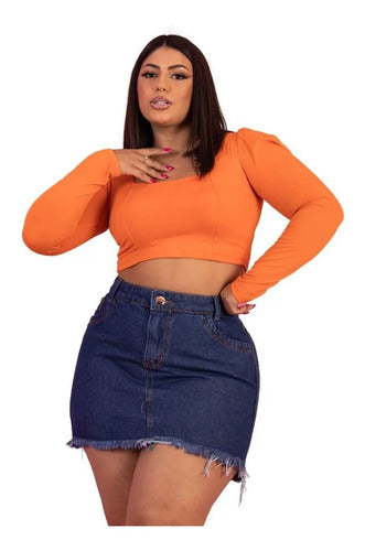 Saia Jeans Básica Plus Size Cintura Alta Barra Desfiada
