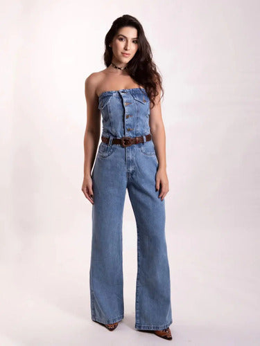 Macacão Jeans Feminino Tomara Que Caia Cintura Alta