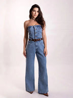 Macacão Jeans Feminino Tomara Que Caia Cintura Alta