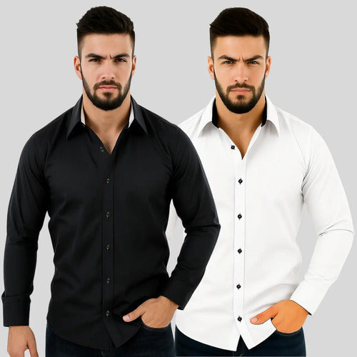 Kit 2 Camisa Social Masculina Slim Fit Manga Longa Oferta