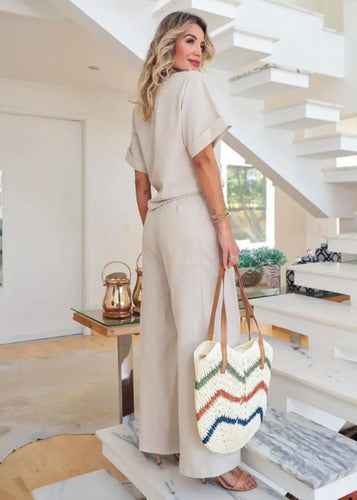 Conjunto Feminino Casual Blusa E Pantolana Bianca Crú