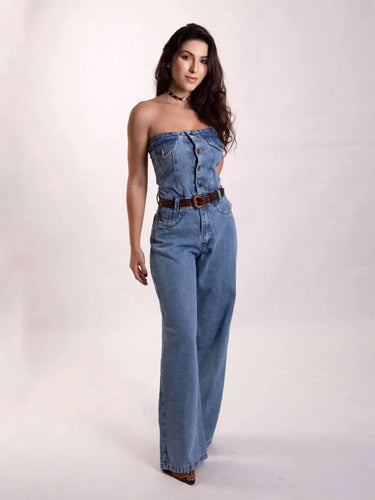 Macacão Jeans Feminino Tomara Que Caia Cintura Alta