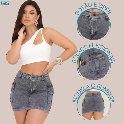 Saia Cargo Feminina Cintura Alta Com Lycra Moda  Estilosa