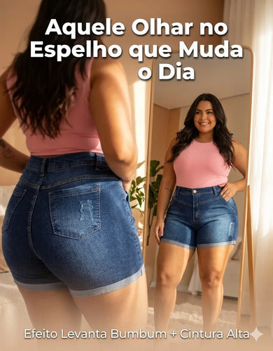 Short Jeans Plus Size Cintura Alta Lycra Levanta Bumbum